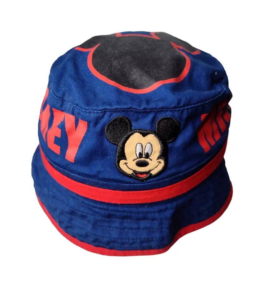 Vintage Disney Mickey Mouse Kids Bucket Hat Spell Out Blue Red Logo