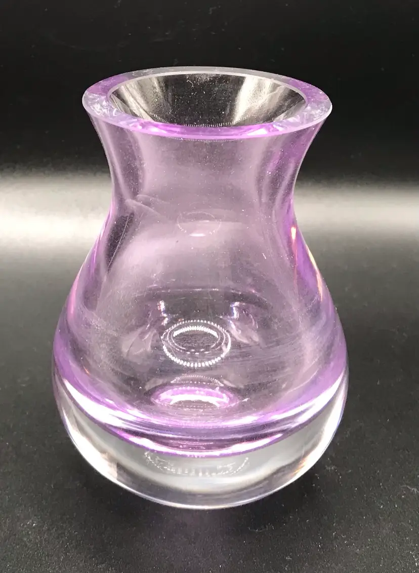 Hand Blown Art Glass Bud Vase Amethyst Purple Thick Clear Base Studio Glass 4”