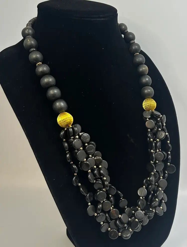 Vintage Black Wood Bead 6 Strand Statement Necklace 27"