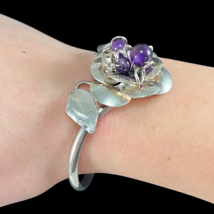 Ladda Bihler Sterling Silver And Amethyst Flower Bracelet, Signed 925 Amethyst Floral Bracelet, Handmade Sterling Bracelet With Silver Rose And Amethyst Beads, Designer Jewelry, Fine Jewelry