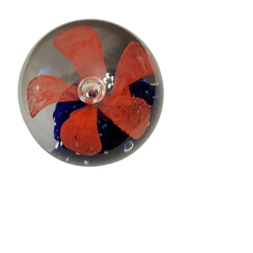 Art Glass Paperweight With Delicate Red Flower And Bubbles 3” In Height 3” Width