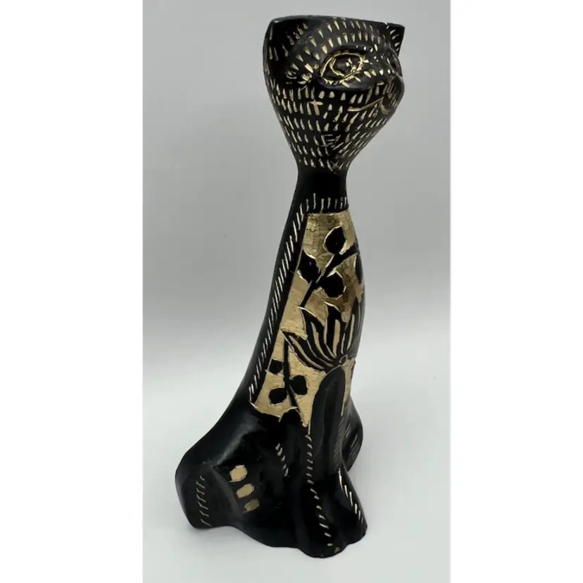 Vintage Ornate Black Metal Gold Etched MCM Modernist Cat Statue Figure Sculpture