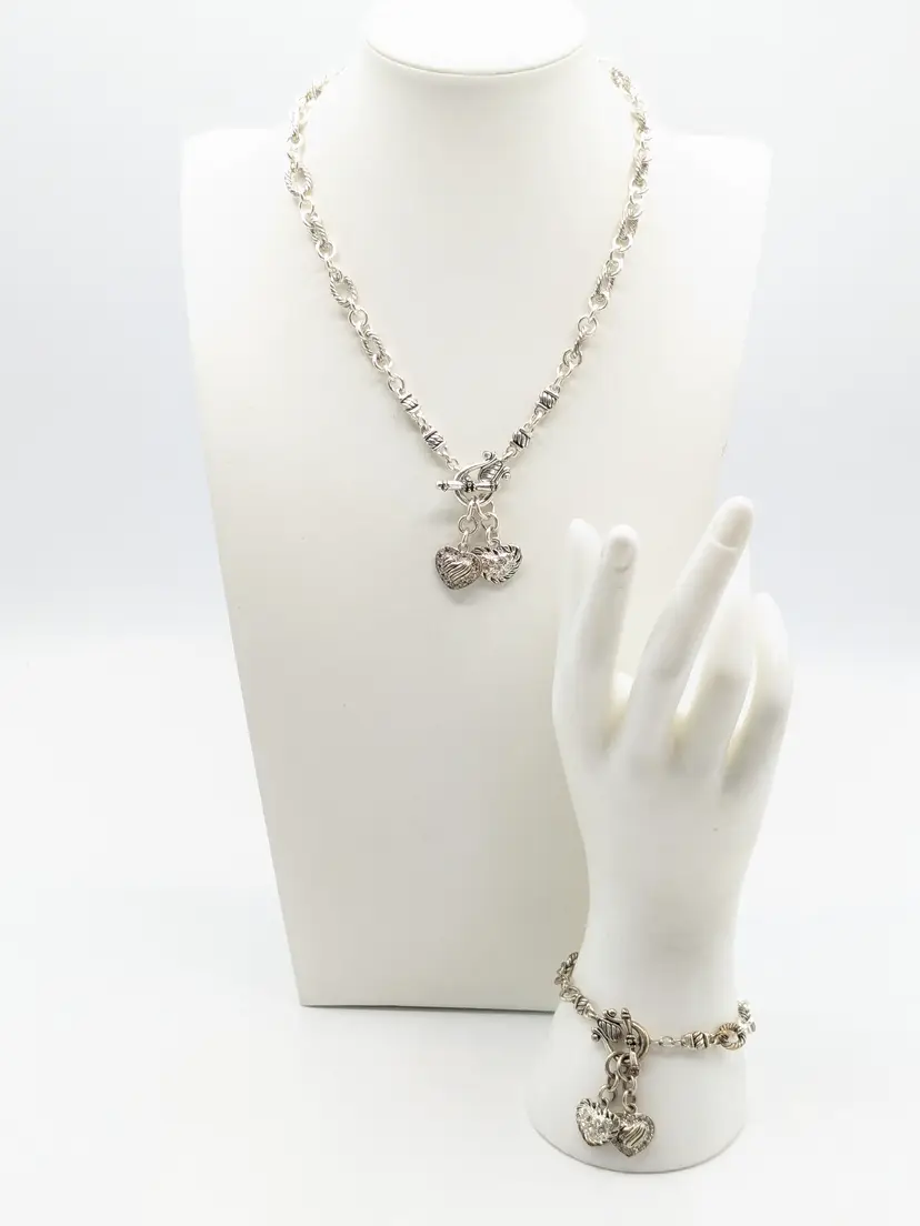 Premiere Designs Silver Tone Rhinestone Heart Necklace and Bracelet Set