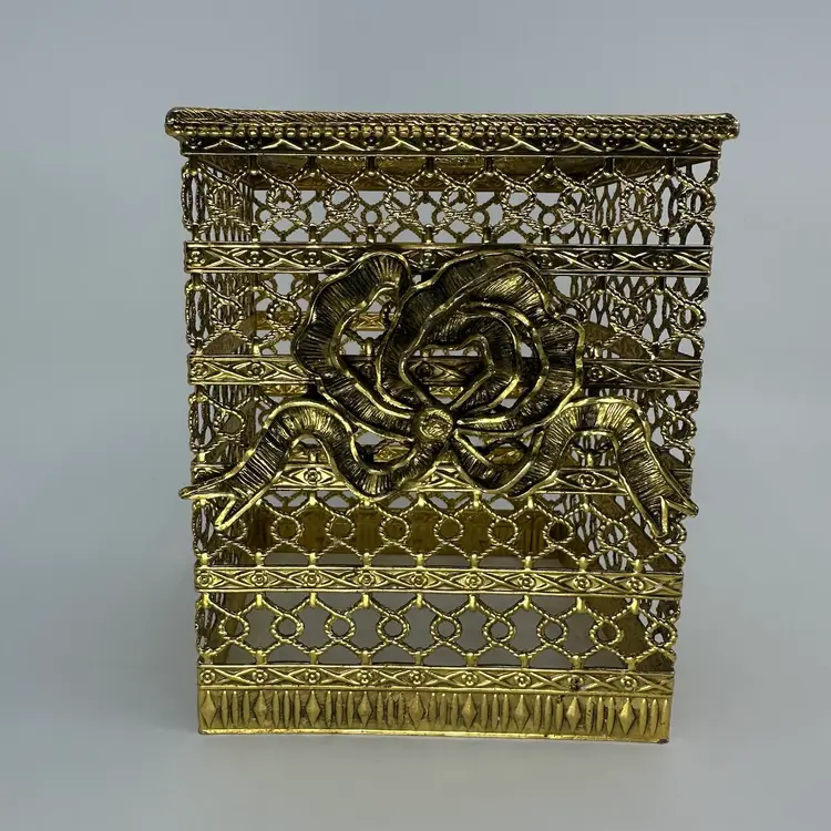 Vtg Hollywood Regency Gold Filigree Square Tissue Box Holder Cover