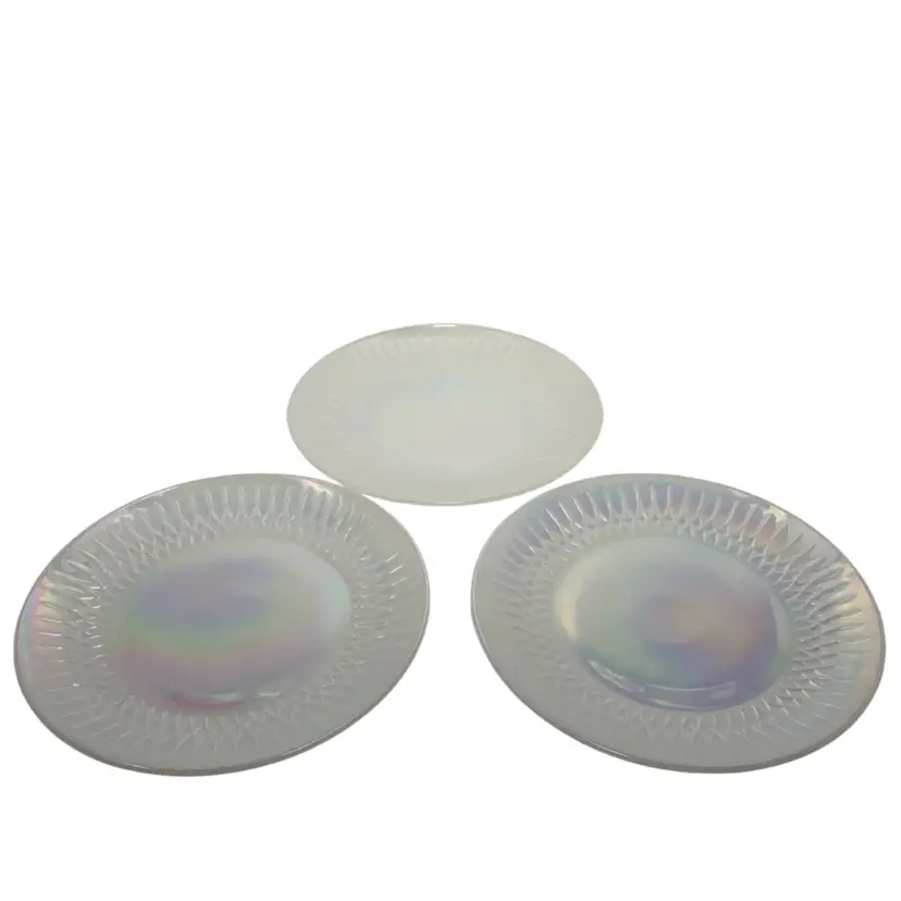Set Of 3 Federal Glass "Moonglow" Iridescent Plates! Produced in the 1960s! 9 3/4” Across!