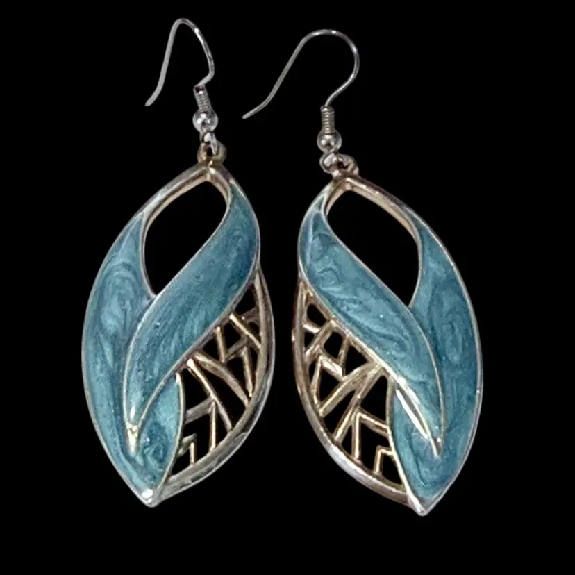 Vintage Signed Berebi Teal Enamel Goldtone Dangle Pierced Earrings