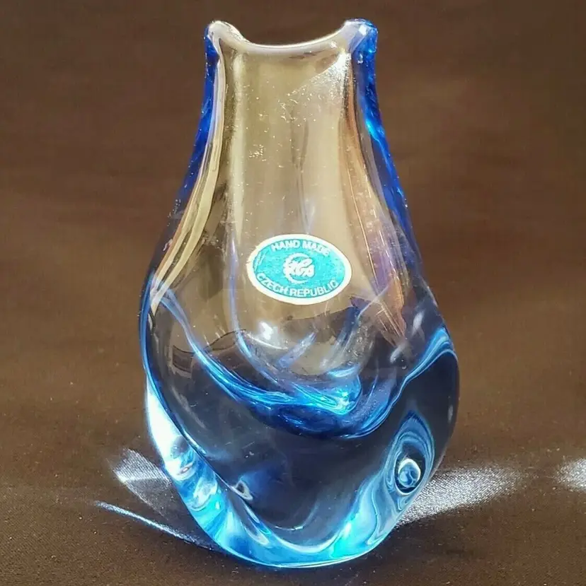 Art Glass Vase Czech Zelezny Brod Sklo ZBS Blue Color Original Label 4 1/2" READ