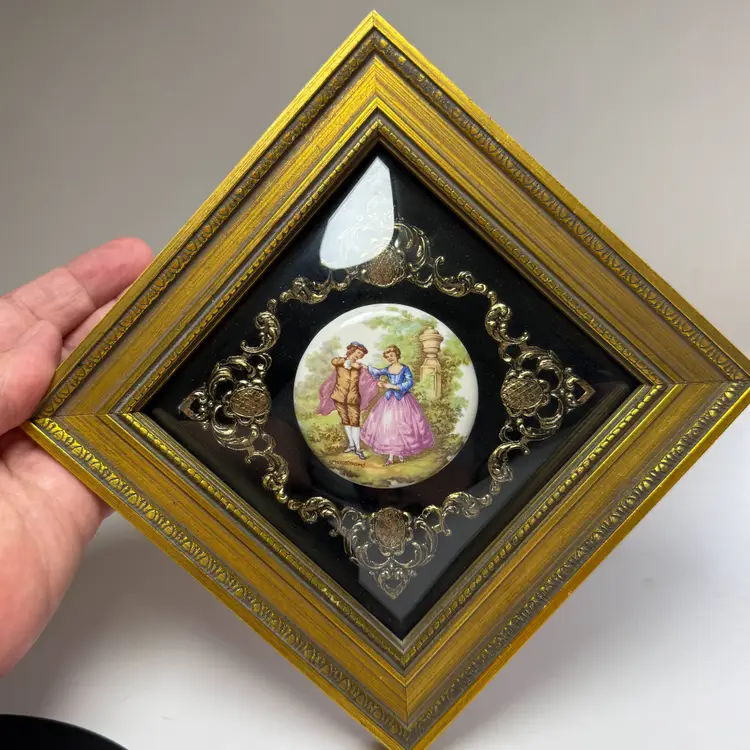 Pair Vintage Fragonard Porcelain Courting Couples Plaques Framed Domed Glass