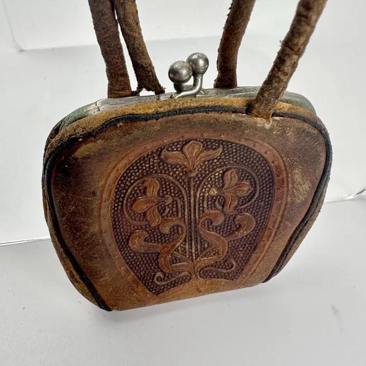 Antique Hand Tooled Leather Mini Coin Purse 4"