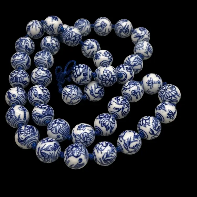 Vintage Blue and White Porcelain Bead Necklace – 32” Hand-Painted Chinoiserie Style Strand