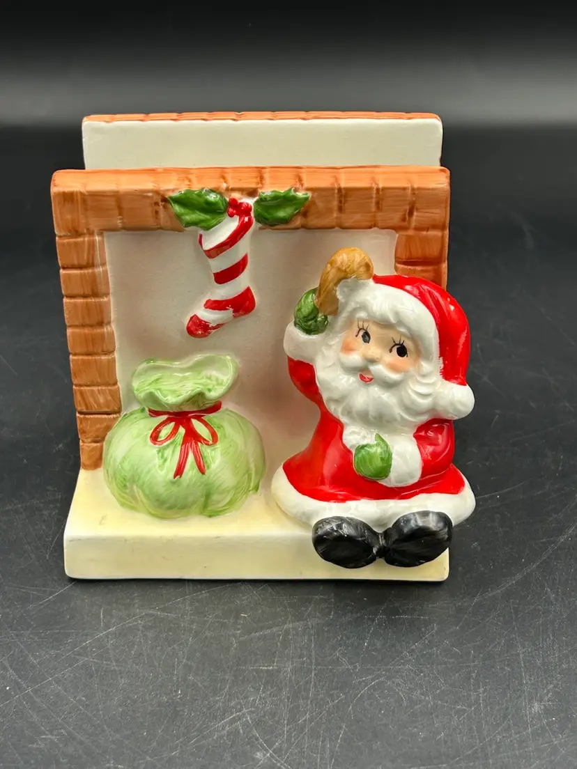Vintage ceramic Santa coming down the chimney napkin holder, Japan