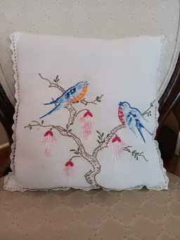 Lovely Bed Throw Pillow Made From Hand-Embriodered Linen with Lace Trim