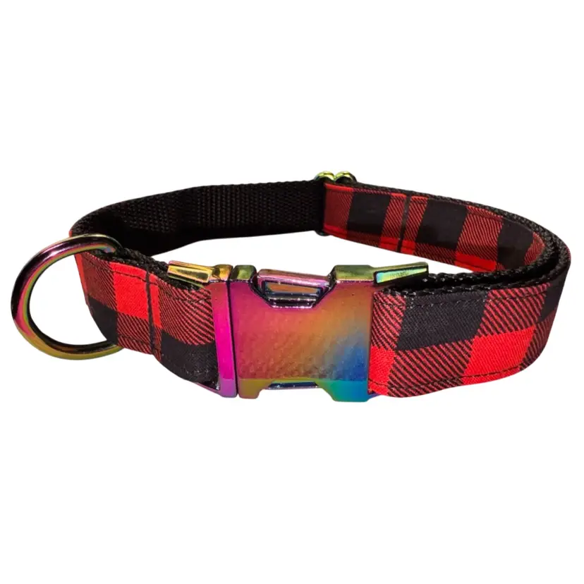 Dog Collar Red Buffalo Plaid Holiday Large Handmade Heavy Duty Iridescent Metal Buckle NEW