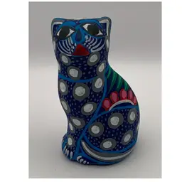 Terracotta Cat Figurine. Hand Painted, Colorful. Mexico