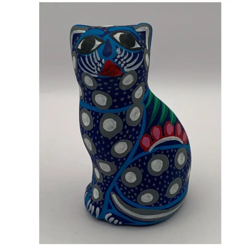 Terracotta Cat Figurine. Hand Painted, Colorful. Mexico