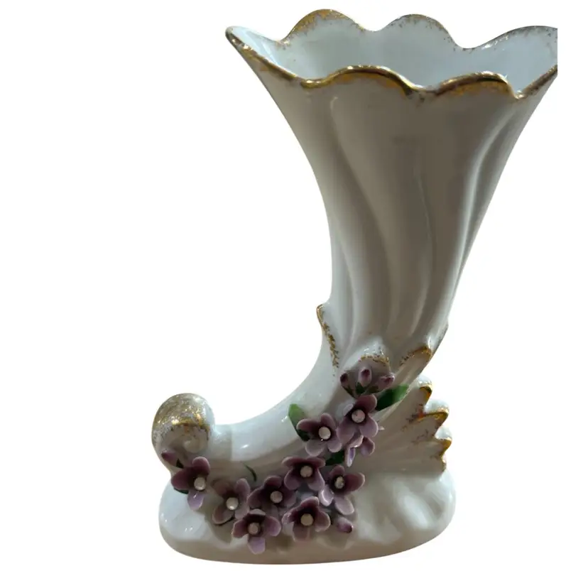 LEFTON HAND PAINTED PURPLE/GOLD TINY VASE/RHINESTONE FLOWERS