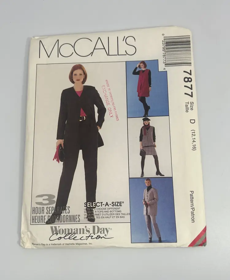 Vintage McCalls Sewing Pattern 7877 Size D (12,14,16)  Misses Jacket, Vest, Pants and Skirt 1995