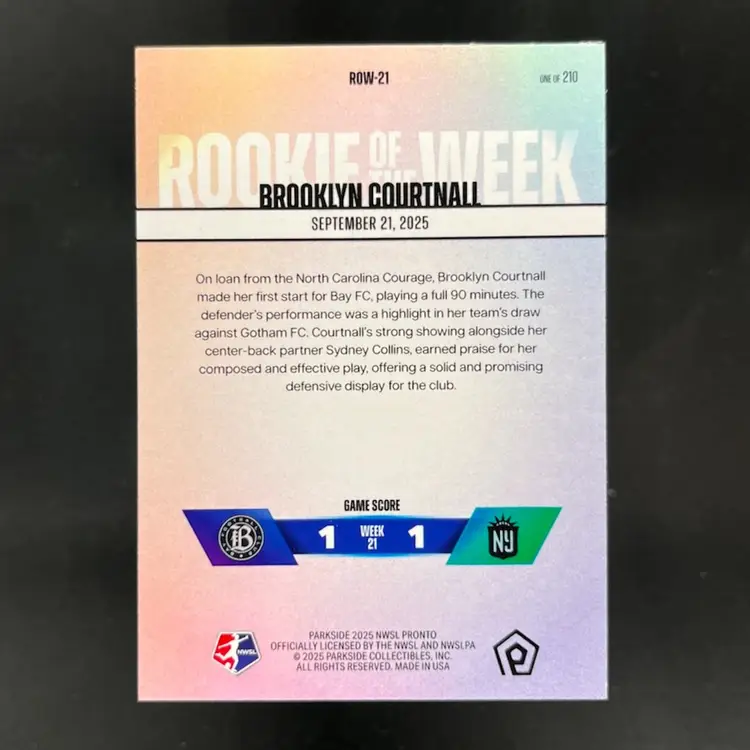 Brooklyn Courtnall 2025 NWSL Parkside Pronto Rookie Of The Week Subscriber Exclusive /210 Soccer Card #ROW21