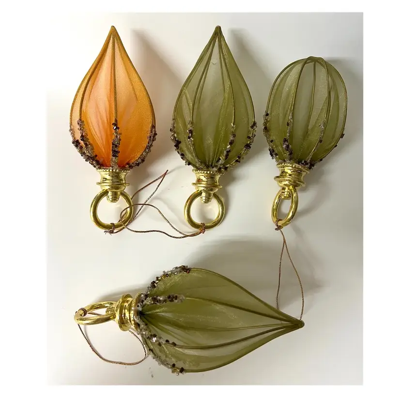 Set Of 4 Victorian Style Christmas Ornaments Teardrop Shape Fabric On Wire with Beads