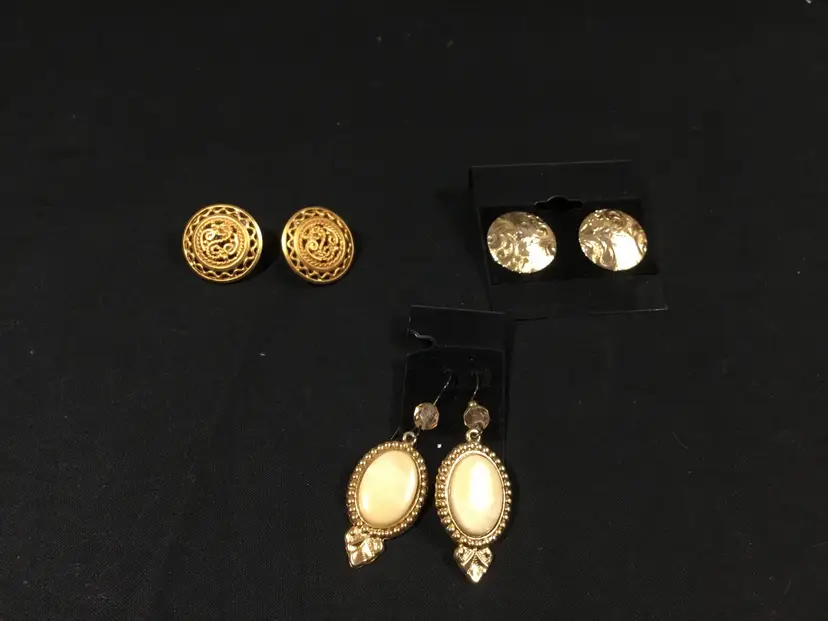 Sunshine & butter earrings, 3 pair pierced, gold tone, acrylic, glass and metal