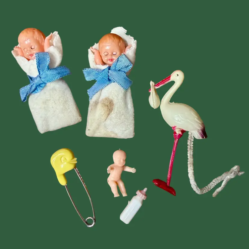Vintage Baby Dollhouse Toy LOT, 6 PC, Baby Doll, Diaper Pin, Stork, Baby Bottle