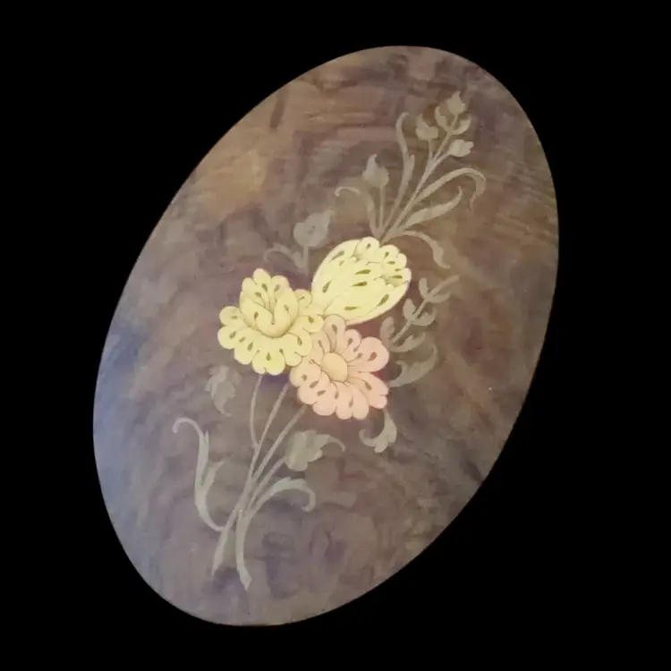 Vintage Marquetry Inlaid Floral Wood Art Oval Wall Hanging Plaque 2 Yellow and One Pink Flower Italy
