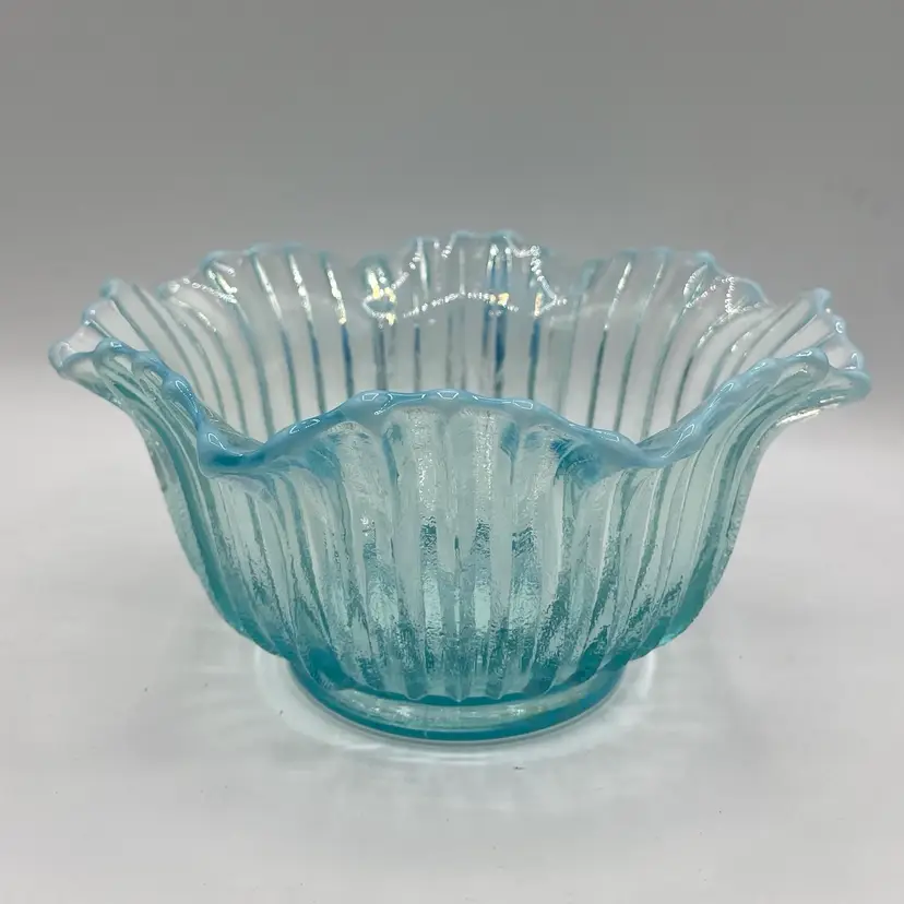Summer - Vintage Opalescent Blue Textured Ribbed Ruffled Glass Bowl