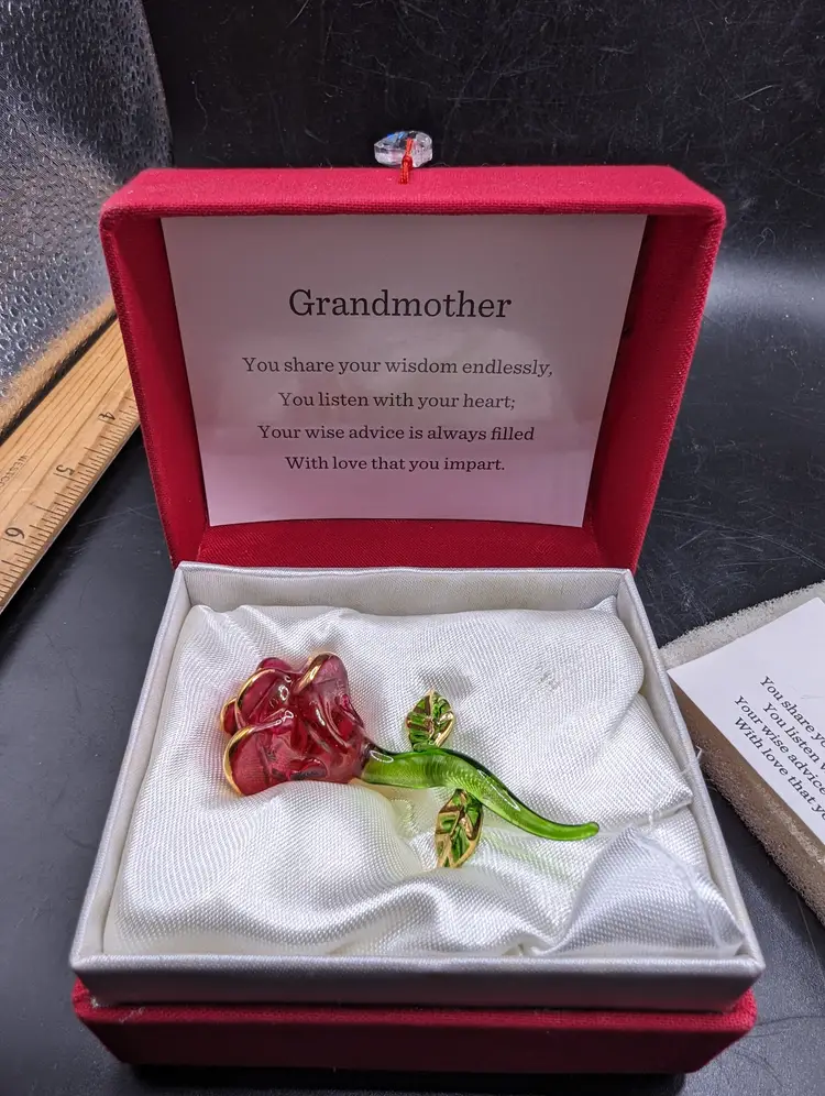 Vintage Miniature Glass Little Red Rose With Gold Accents in a Red Presentation Box Grandmother