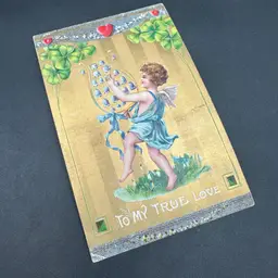“To My True Love” Full Gold Chromo Cupid With Clover Antique Valentine Postcard, Unposted