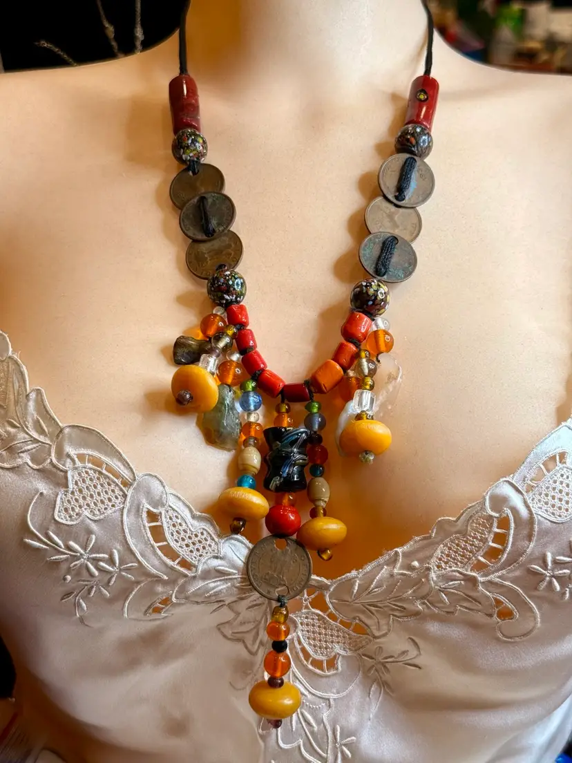 Vintage Handmade Boho Glass Beads & Coins of India Necklace OOAK on Black Cord