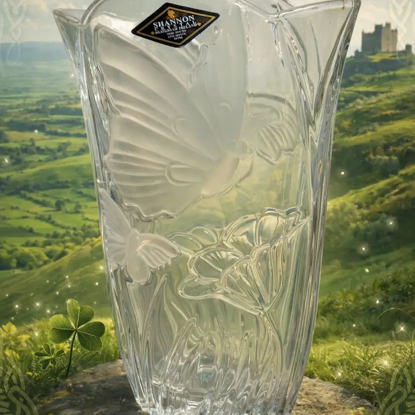 Shannon Crystal Of Ireland Leaded Crystal Butterfly Vase Meadow Pattern