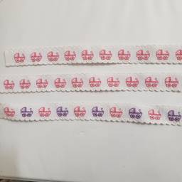 New Lot of 3 baby carriage themed cross-stitch Ribband pieces pink/purple