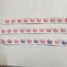 New Lot of 3 baby carriage themed cross-stitch Ribband pieces pink/purple