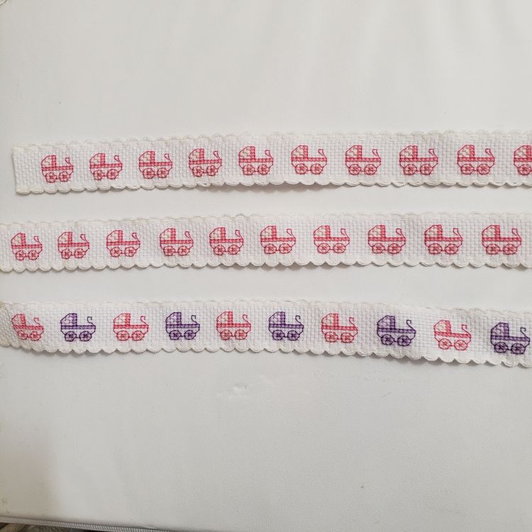 New Lot of 3 baby carriage themed cross-stitch Ribband pieces pink/purple