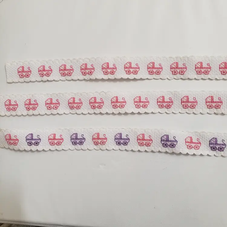 New Lot of 3 baby carriage themed cross-stitch Ribband pieces pink/purple