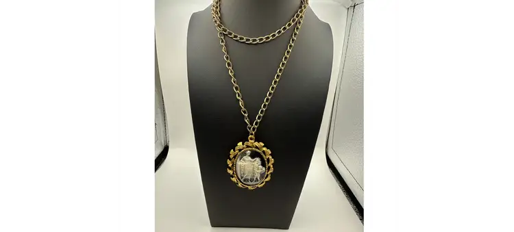 Vintage Gold-tone Cameo Pendant on Chain Cherub giving Woman Flowers