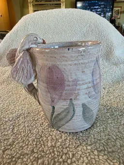 Studio Art Pottery Signed Hummingbird Handled Mug with Tulips