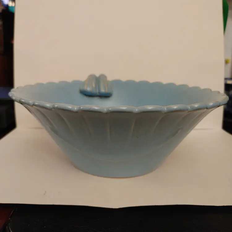 Welker Pottery Bowl. Vintage. "Darcie Cords" pattern with tassel accents. 9 in diameter. No chips.