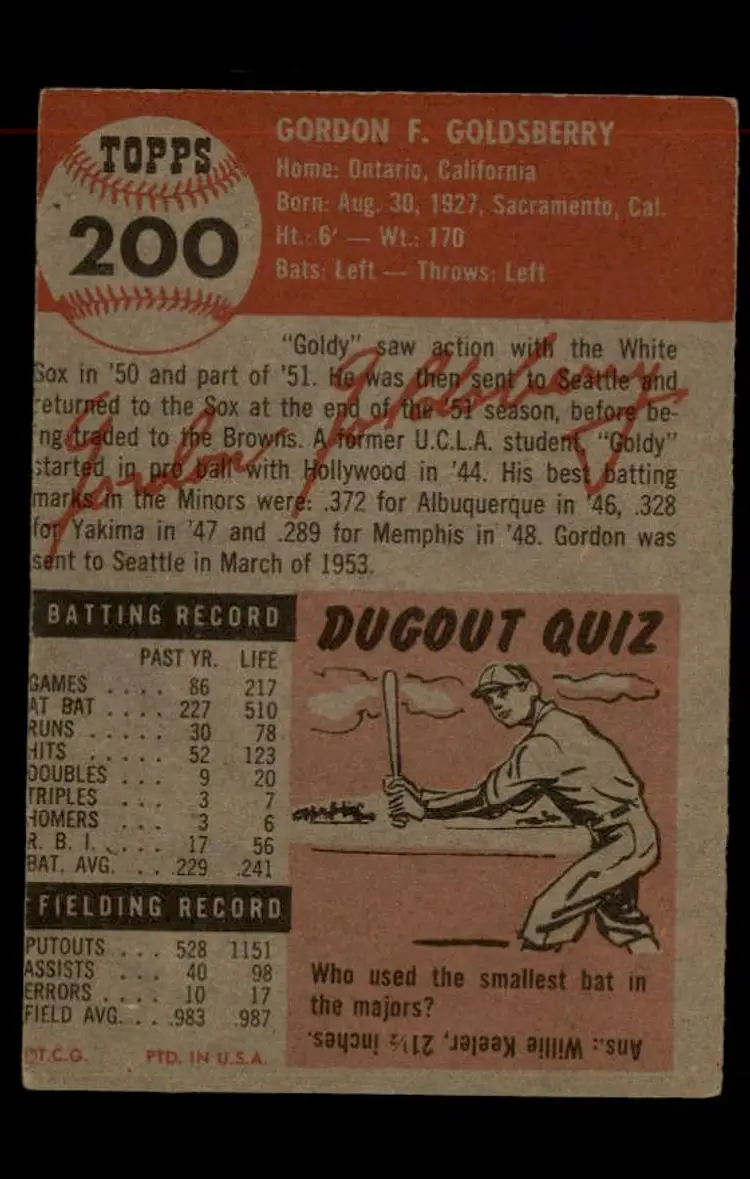 1953 Topps #200 Gordon Goldsberry - (pk-tl1) - St. Louis Browns