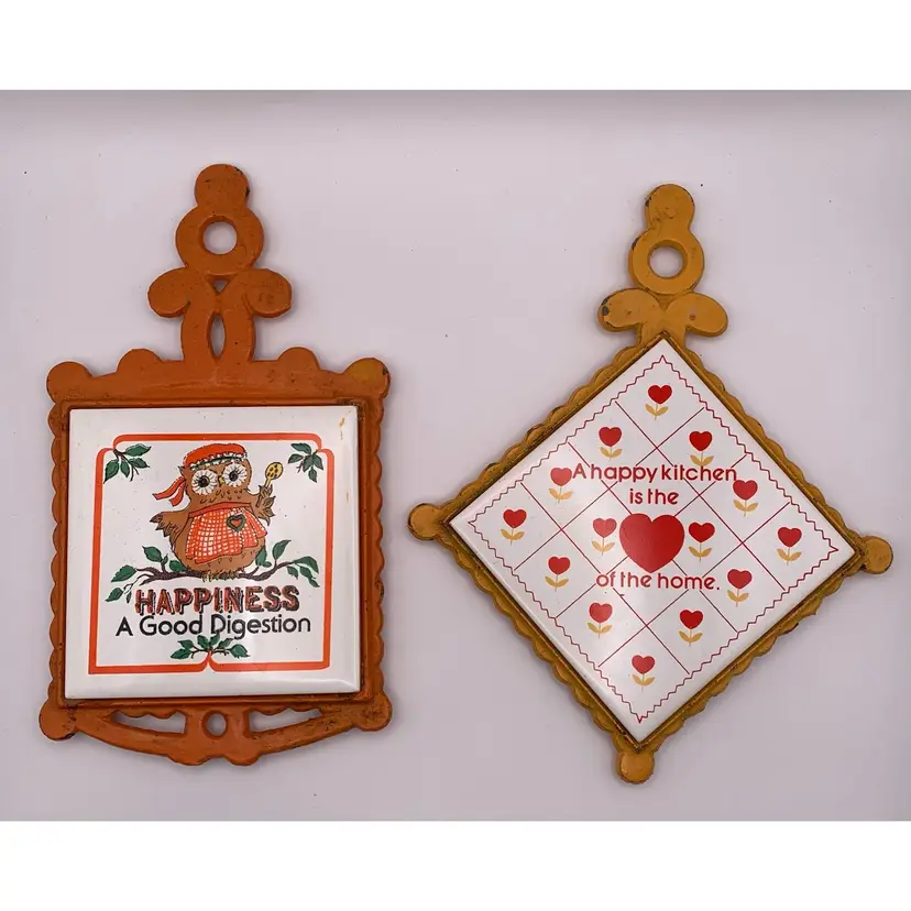 VTG Trivets (2) George Good Corp 1984. Ceramic Tile & Cast Metal. Owls Hearts