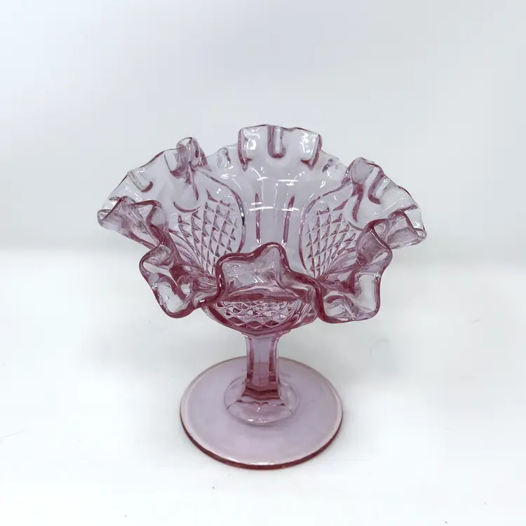 Fenton Pink Pressed Glass Ruffled Compote Bowl, Vintage Footed Dish  (0026-26)
