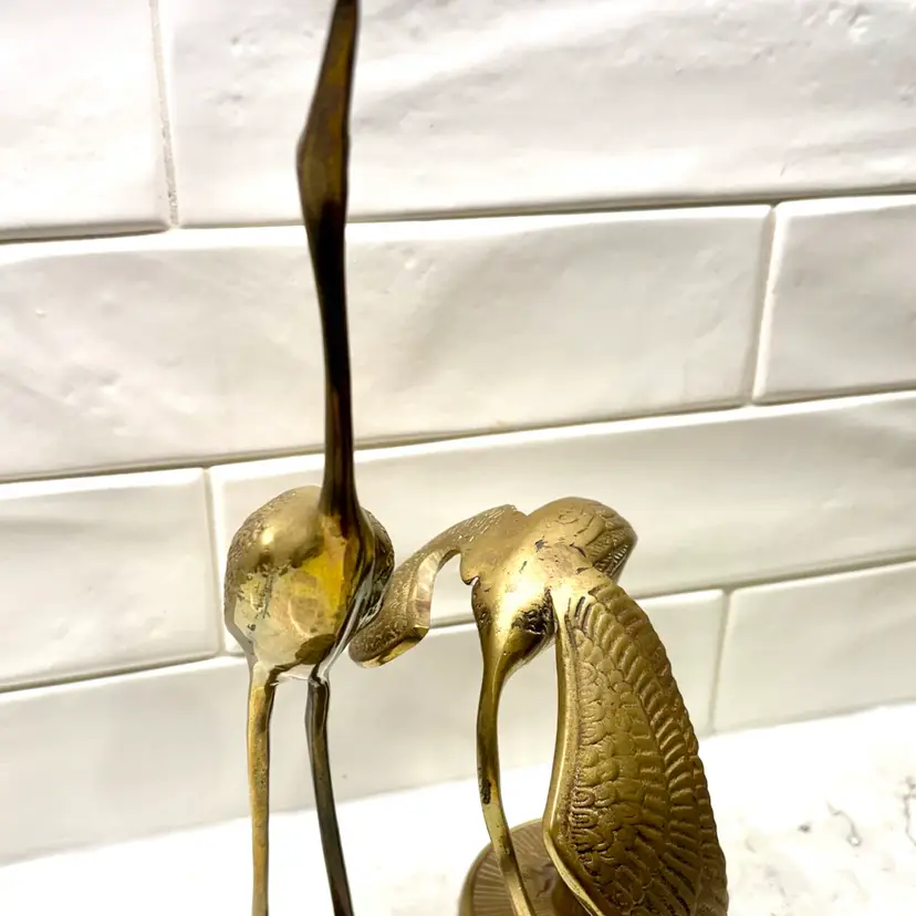 Vintage Pair Brass Crane Heron Egret Bird Figurines Mid-Century Modern 12” / 8”