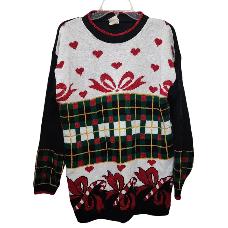 Vtg Holiday Time Christmas Sweater Sz M Black Red Candy Canes Plaid