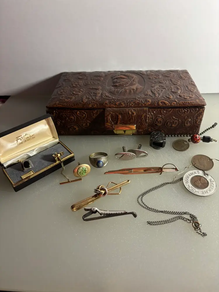 Men’s Jewelry Box Contents Tie Clips Cufflinks Old Indian Coins