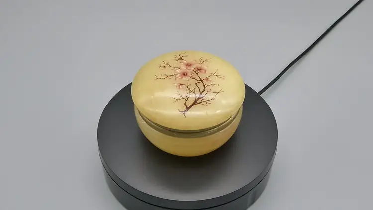 Vintage Italian Pink Cherry Blossom Flower Trinket Box Carved Onyx Alabaster Hinged Lid 3.25"