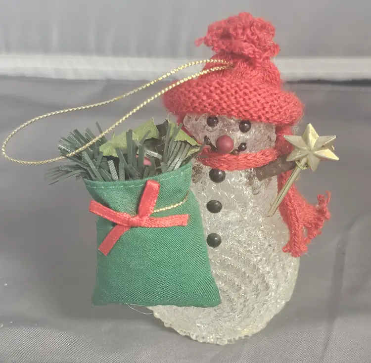 Clear Avon Acrylic Popcorn Snowman + Red Knitted Hat & Scarf & Green Bag VTG