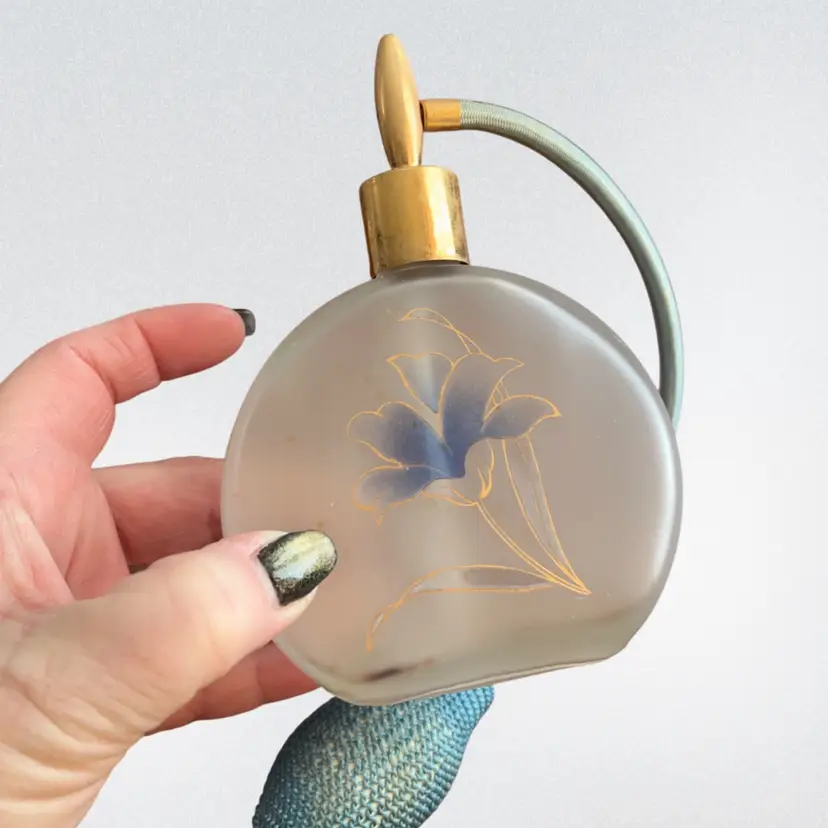 Perfume Bottle w/ Atomizer Frosted Vintage Glass Blue Flower | 5” *read