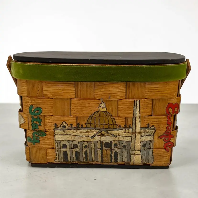 Basketville Putney Vermont Wood Woven Hinged Lid Handpainted Europe Italy France