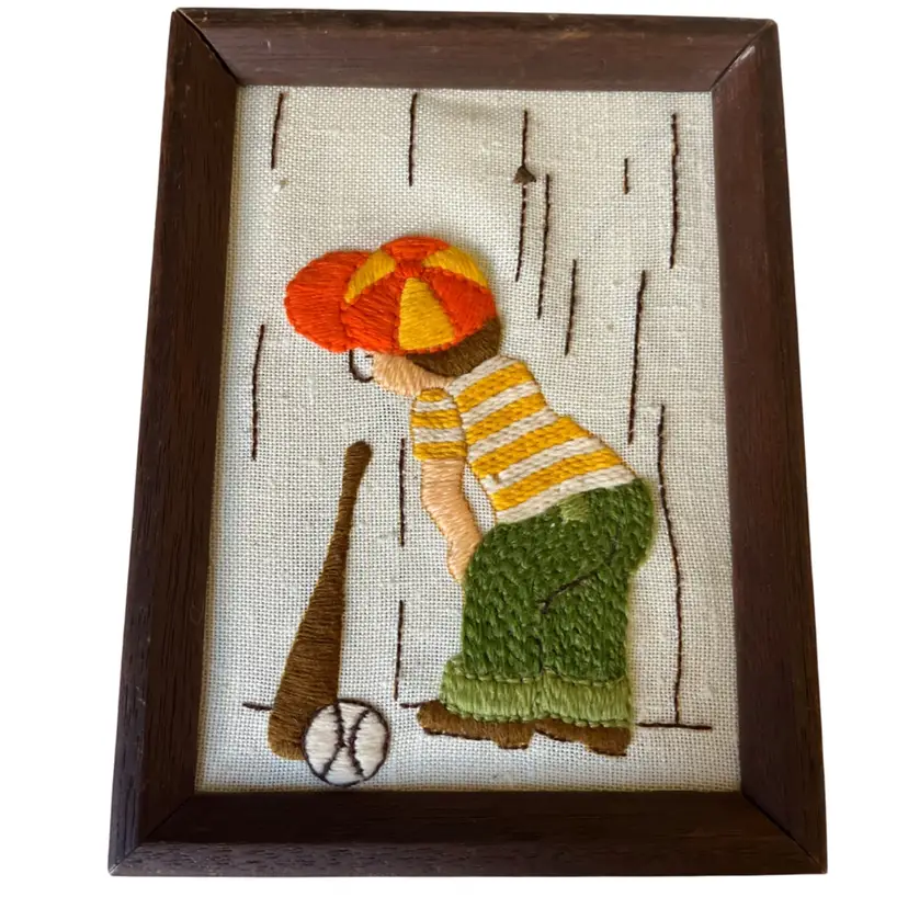 Baseball Player- Watching the Bigs Through the Fence Framed Crewel- Jiffy stitchery.  8” X 6”