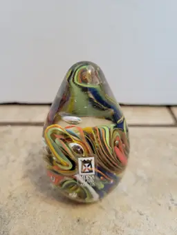Vtg MDINA GLASS Malta Handblown Multicolor Swirl Teardrop Shaped Paperweight 9.8oz 3.5" x2" Signed w Sticker